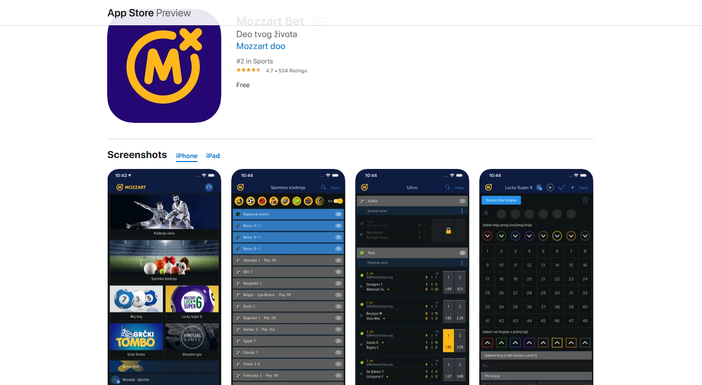 Página para descargar la App móvil de Mozzartbet para iOS