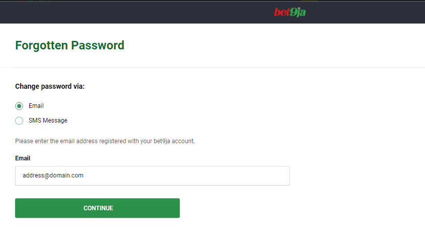 Image of Bet9ja online sportsbook forgotten password page
