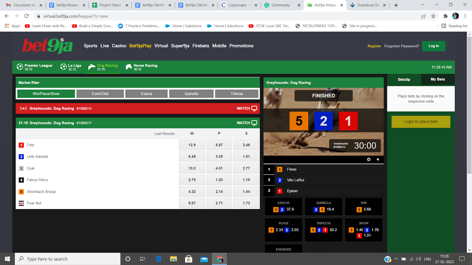 Website of new bet9ja showing the live bets available.