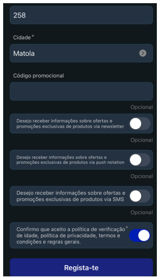 Preenchimento de dados de registo e confirmação de registo na aplicação da JogaBets iOS