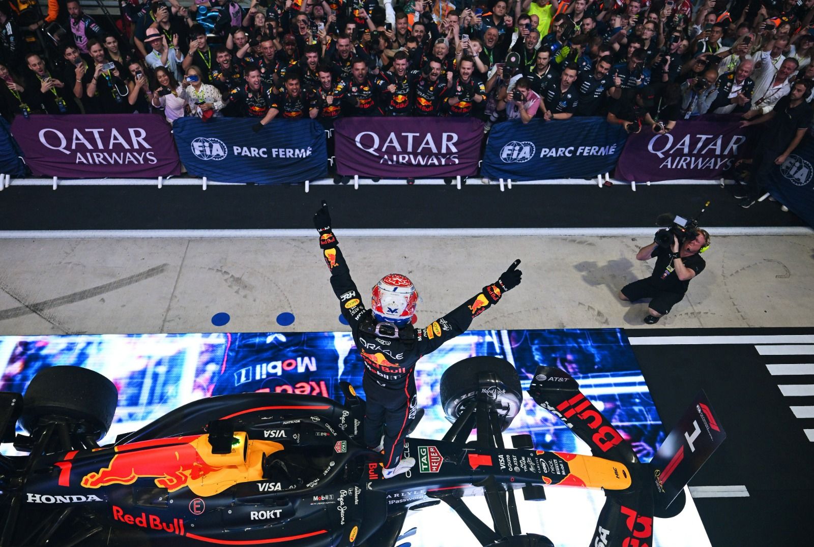 JUBILANT: Max Verstappen celebrates after securing an unlikely victory in Qatar. @F1