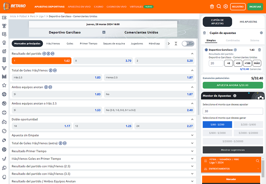 Mercados de apuestas para un partido de fútbol