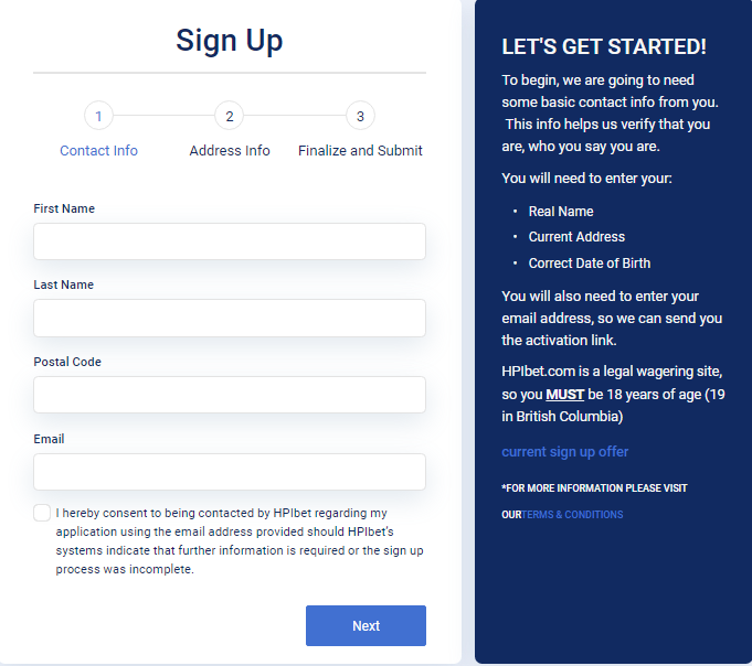 An image of the HPIBet sportsbook sign-up form