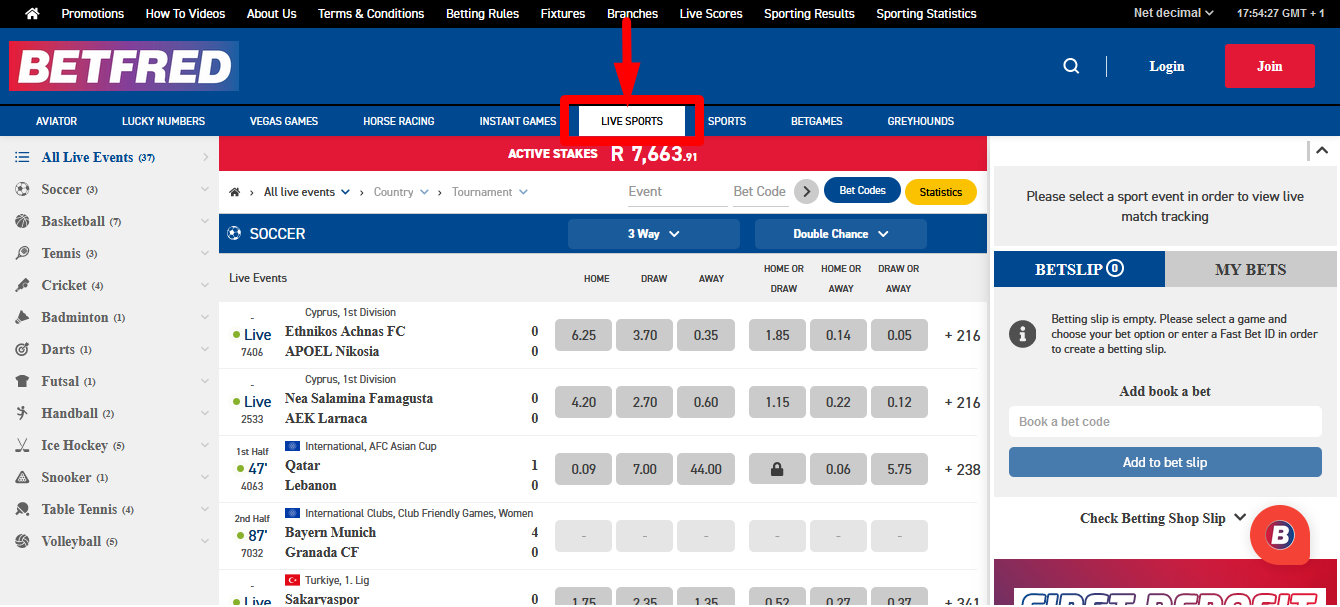 Image of Betfred Live Betting Page