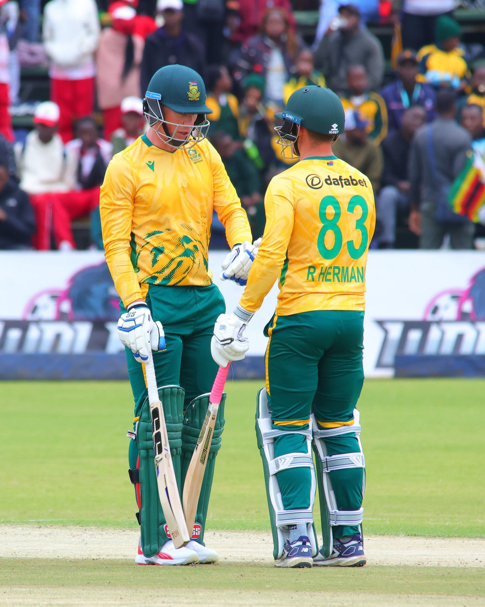 Skipper Rassie van der Dussen and Rubin Hermann steer South Africa home. @ProteasMenCSA Skipper Rassie van der Dussen and Rubin Hermann steer South Africa home. @ProteasMenCSA