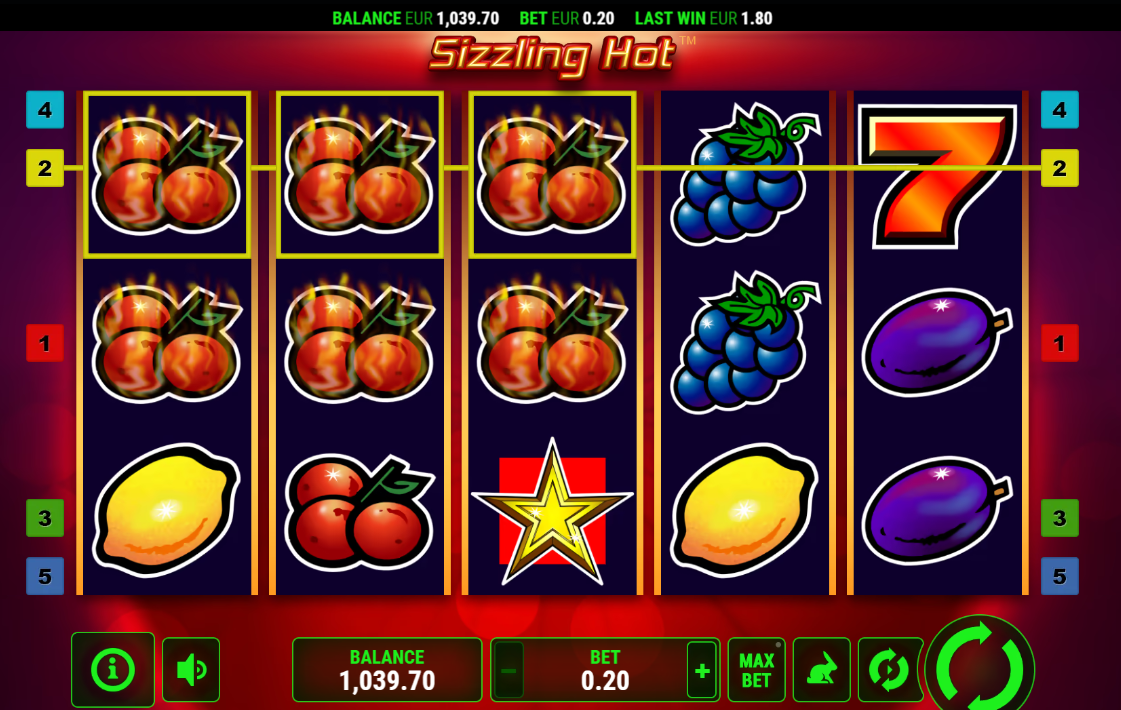 Combinación ganadora con cerezas en la línea 2, donde los símbolos permanecen tras el giro en Sizzling Hot