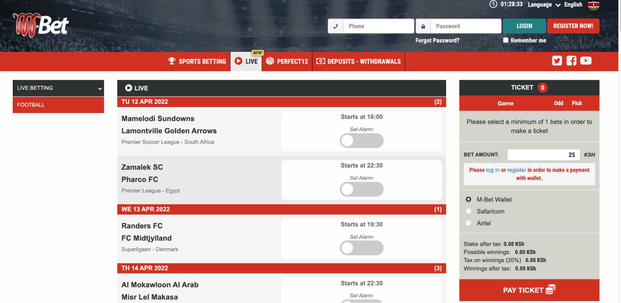 M-Bet Sportsbook Live-betting screenshots from the mobile version of the website