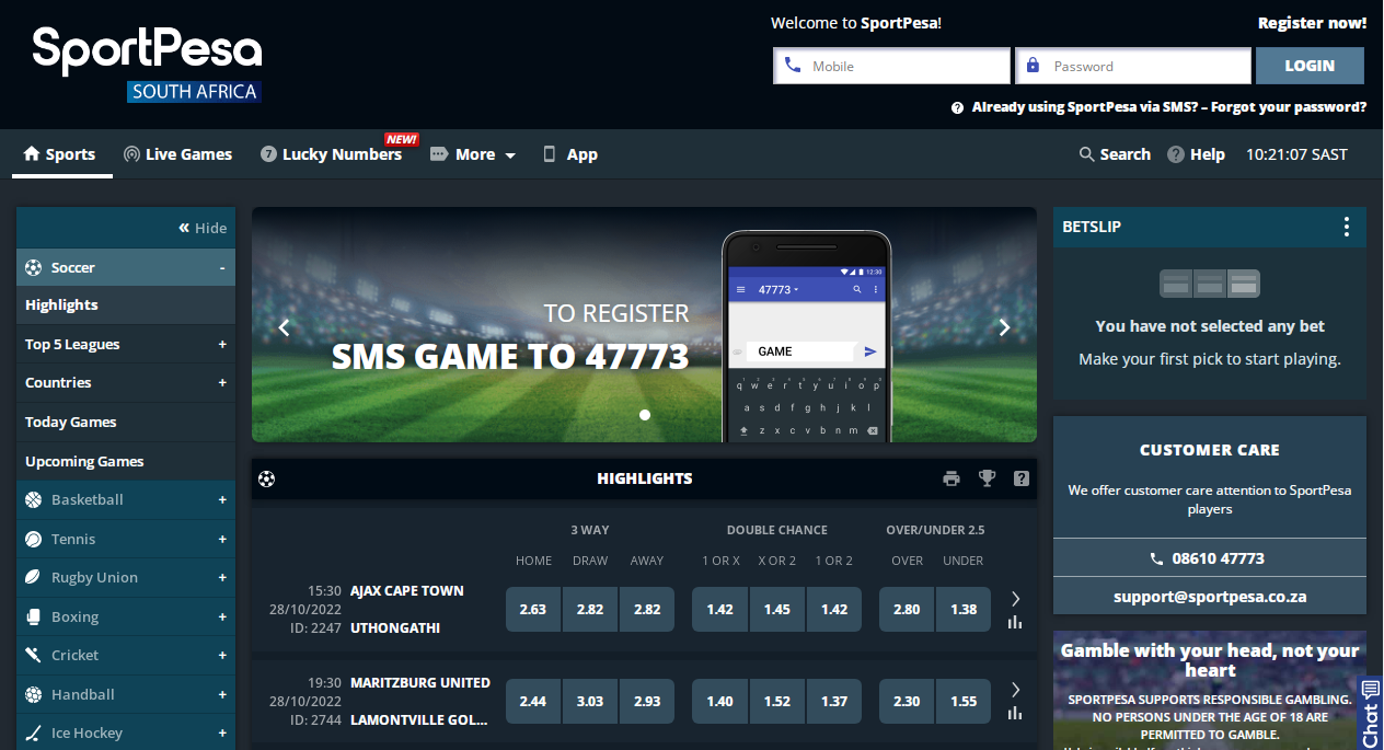 An image of the Sportpesa South Africa homepage page