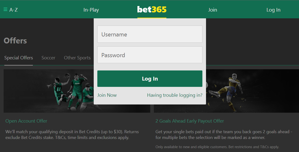 Image of the Bet365 Ghana login form page