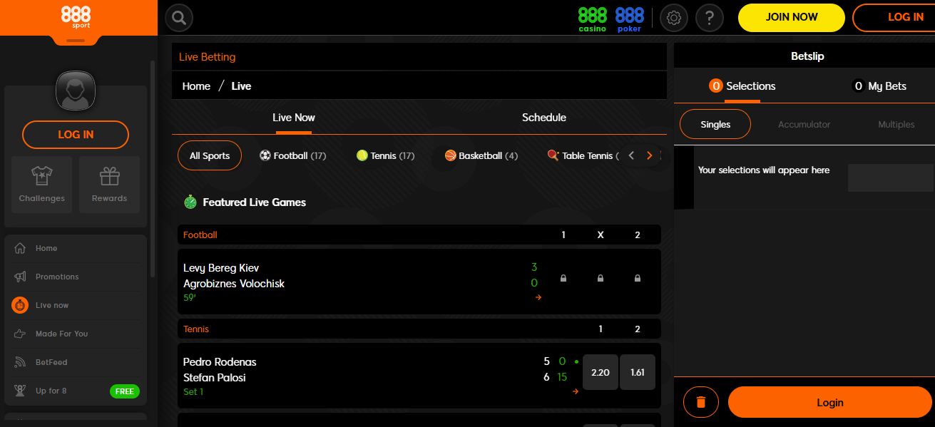 888Sport Live Betting Interface
