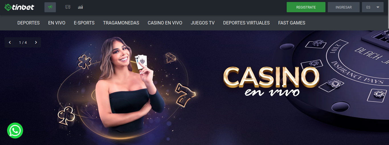 La imagen muestra opciones de Tinbet Perú como deportes, deportes en vivo, e-sports, tragamonedas, casino en vivo, juegos tv, deportes virtuales y fast games.