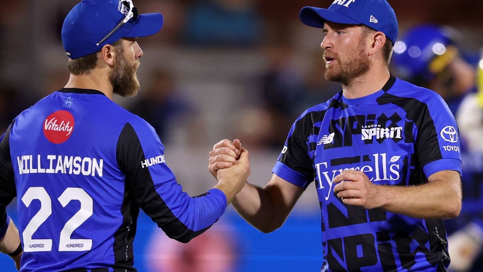 London Spirit captain Kane Williamson celebrates with teammate Liam Dawson the fall of a wicket in their match against Trent Rockets. @ The Hundred/X