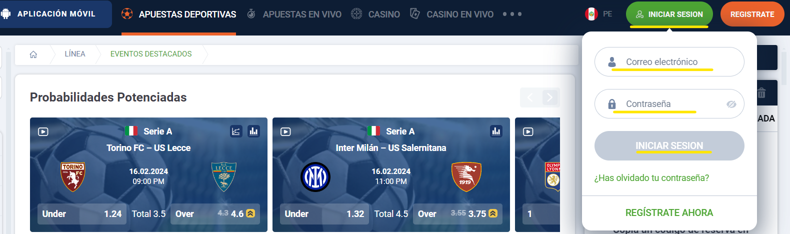 Botón de iniciar sesión en 20Bet Peru