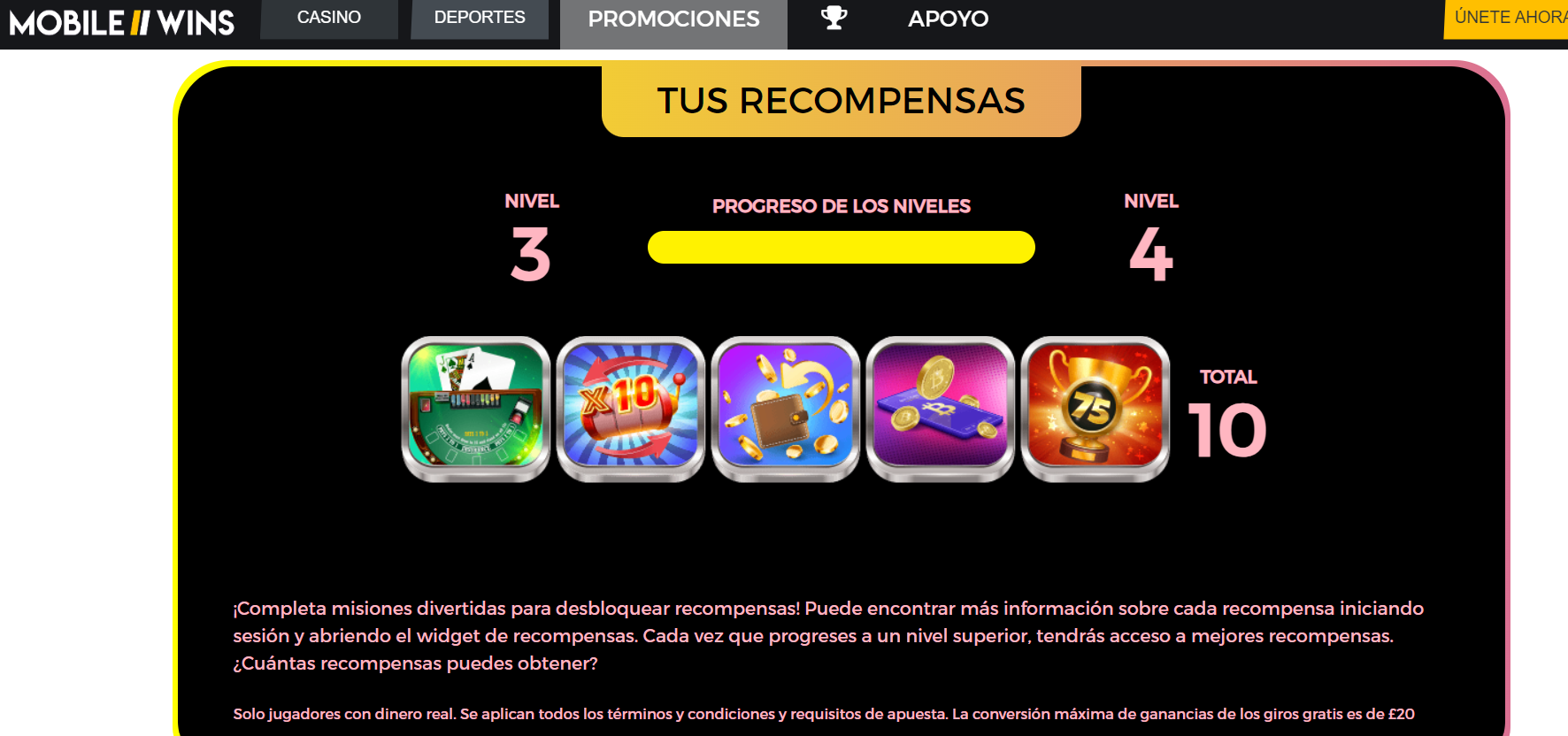 Imagen que muestra el sistema de recompensas en Mobile Wins Perú