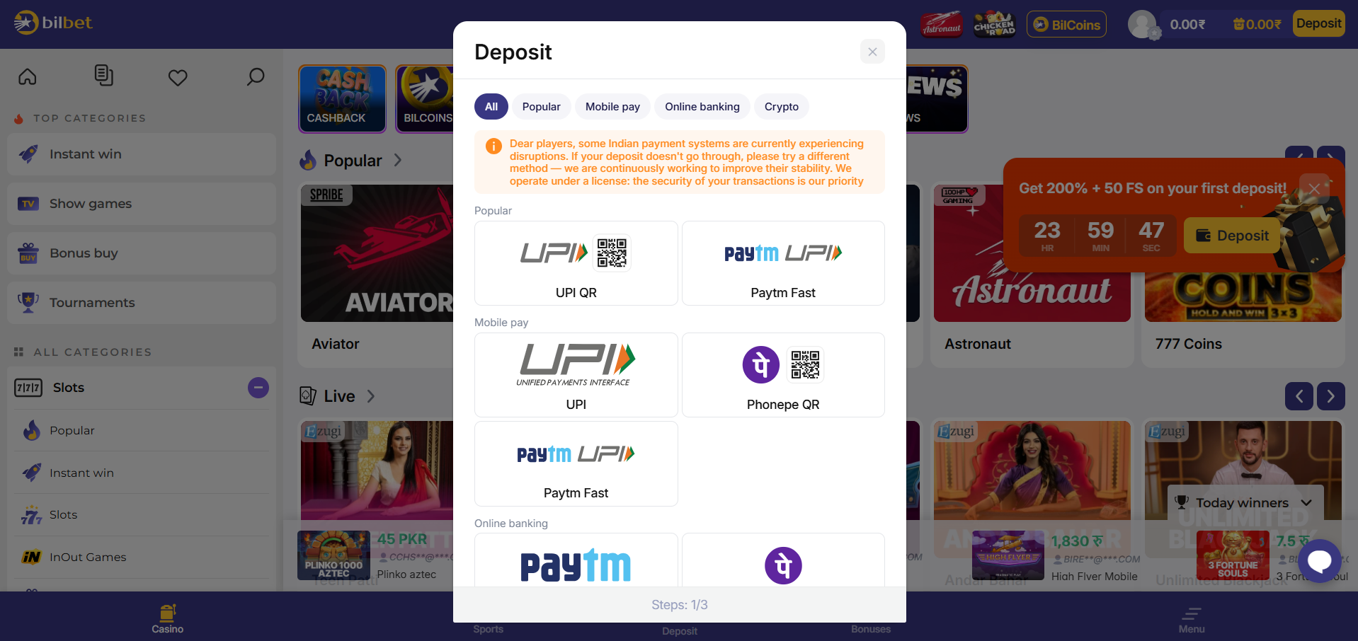 Bilbet payment methods