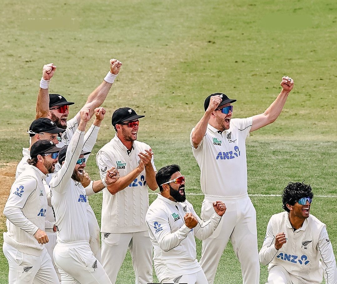 New Zealand players celebrate a wicket. @BLACKCAPS/X
