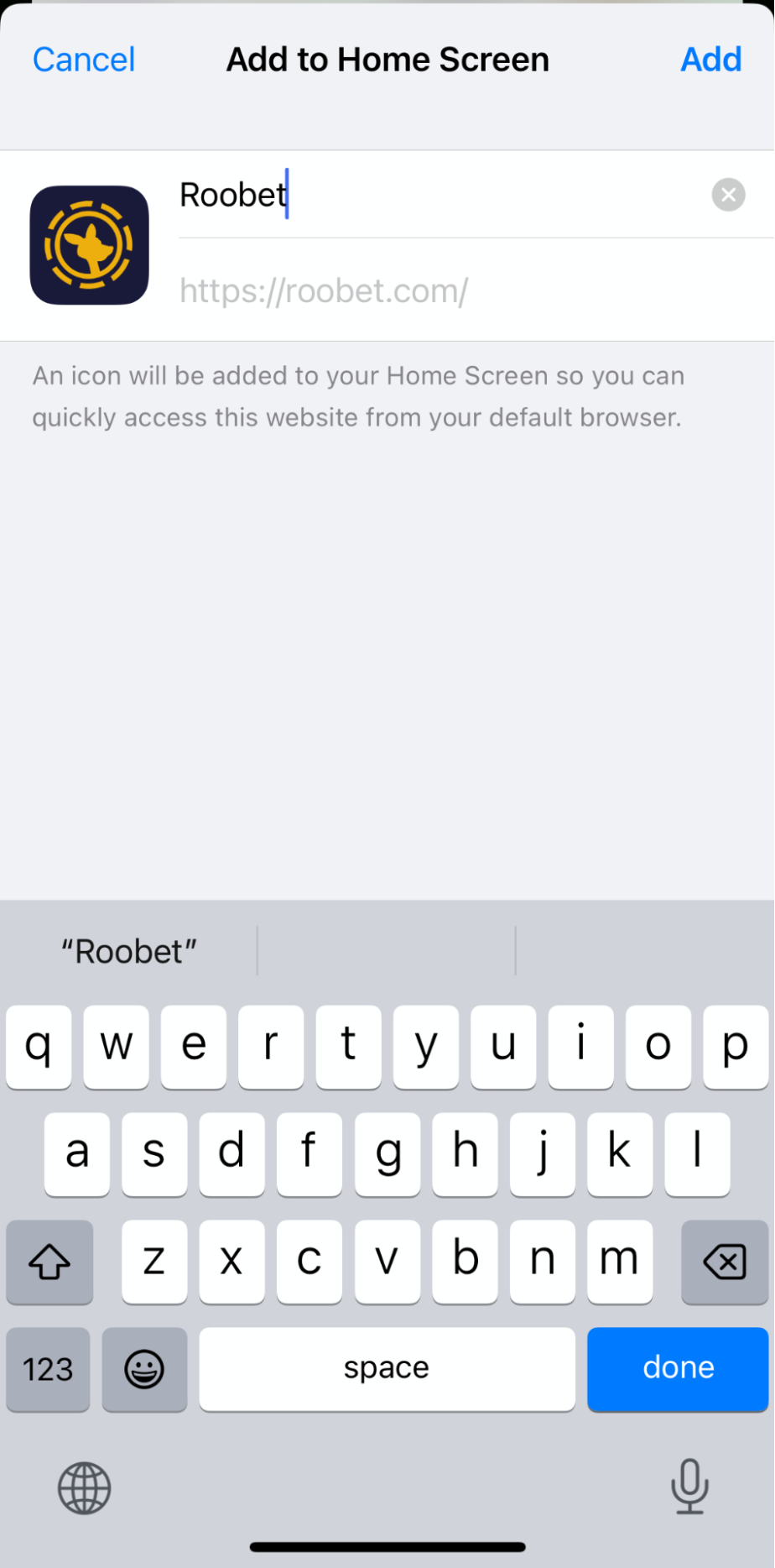 Roobet iOS Add to Home Screen Option 