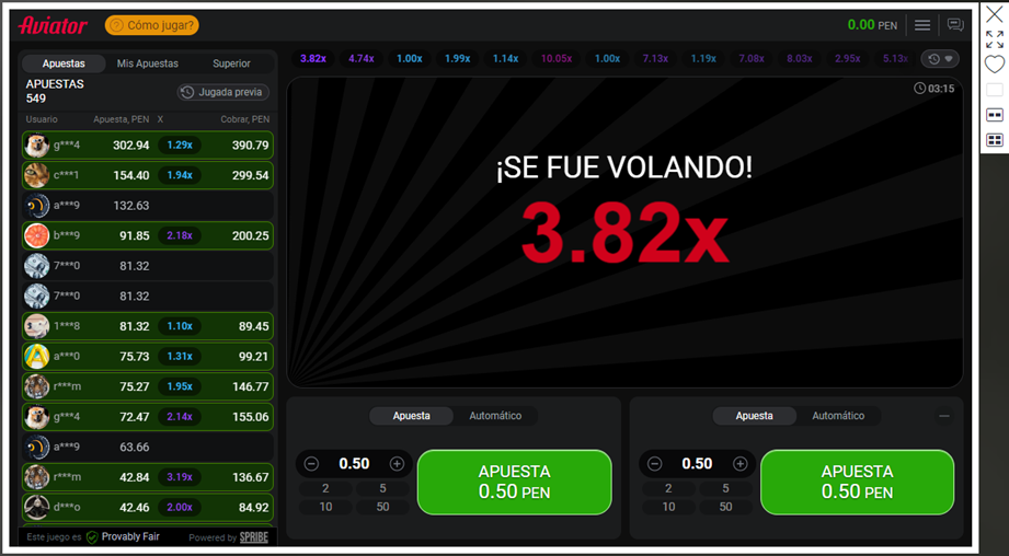 Muestra el final de una ronda en Aviator Betsson Perú