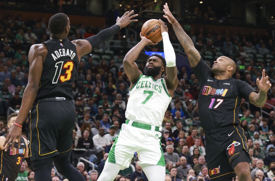 Tucker and Adebayo contesting Brown (Miami Heat vs Boston Celtics)