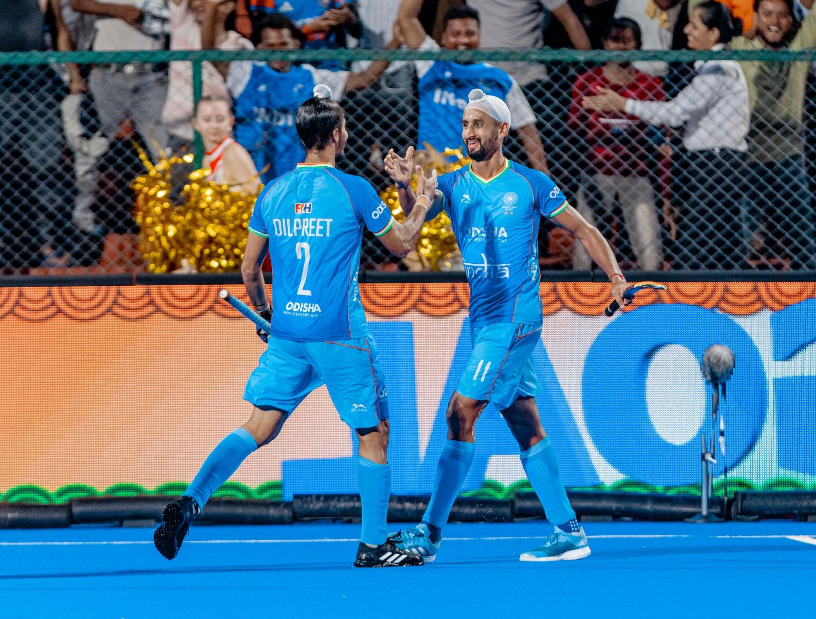 India's Mandeep Singh and Sukhjeet Singh celebrate the equalizer against Korea in the Men's Hockey Asia Cup Rajgir. @ Hockey India