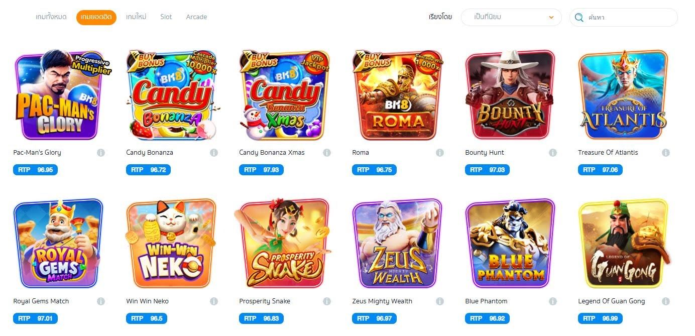 สล็อตยอดนิยม BK8 รายการสล็อตฮิต เช่น Pac-Man’s Glory, Candy Bonanza, BK8 Roma