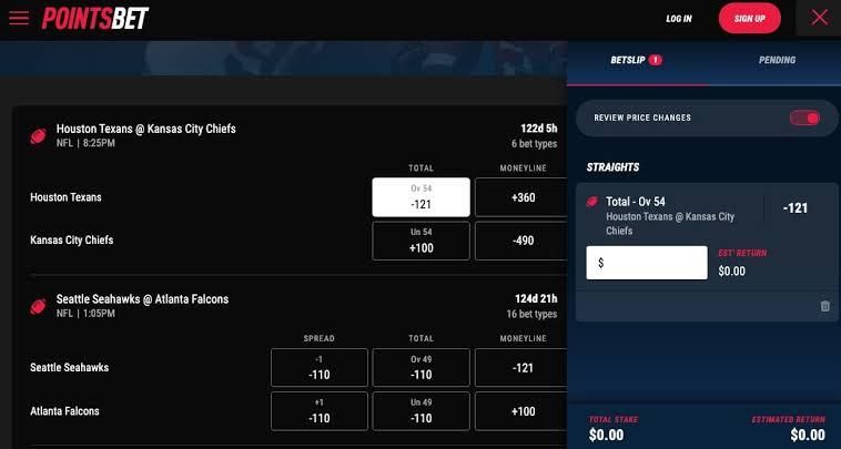 Pointsbet website betting page