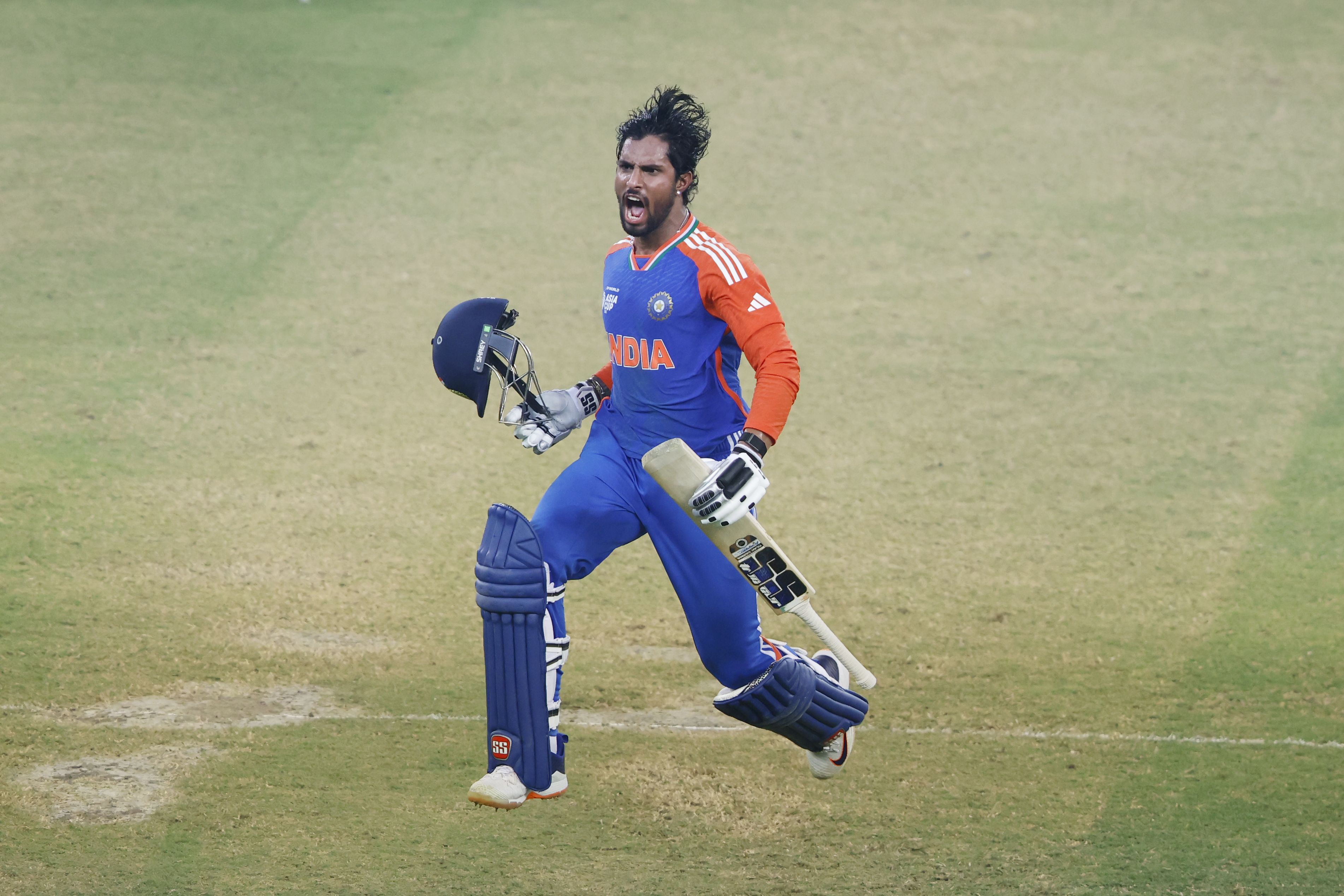 JUBILANT: Tilak Varma celebrate India's win. @ACC JUBILANT: Tilak Varma celebrate India's win. @ACC