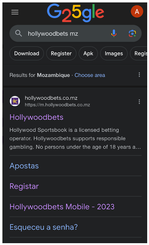 Hollywoodbets Moçambique no navegador Google