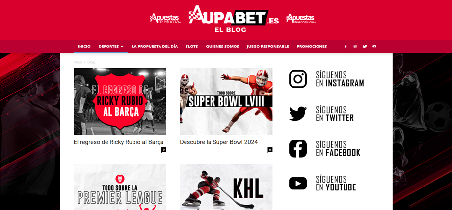 Se muestra la página principal del blog y algunas opciones de Aupabet España