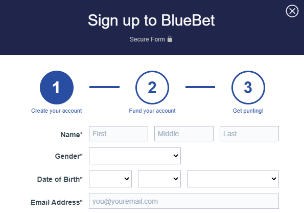 BlueBet personal info page image