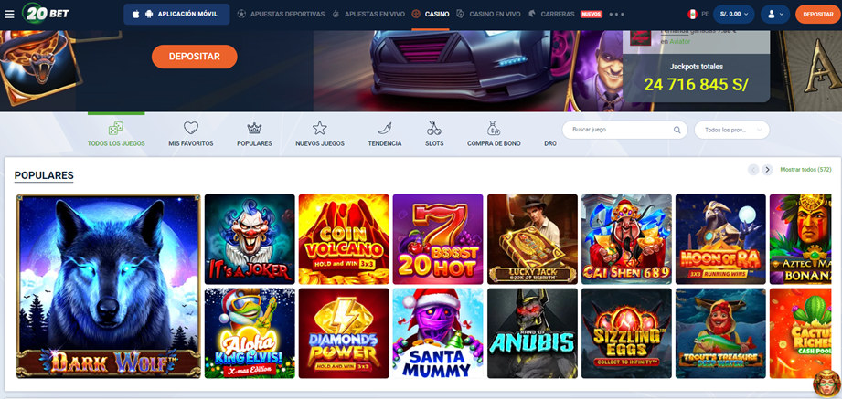 Se muestra la sección de casino online y sus opciones disponibles en 20Bet