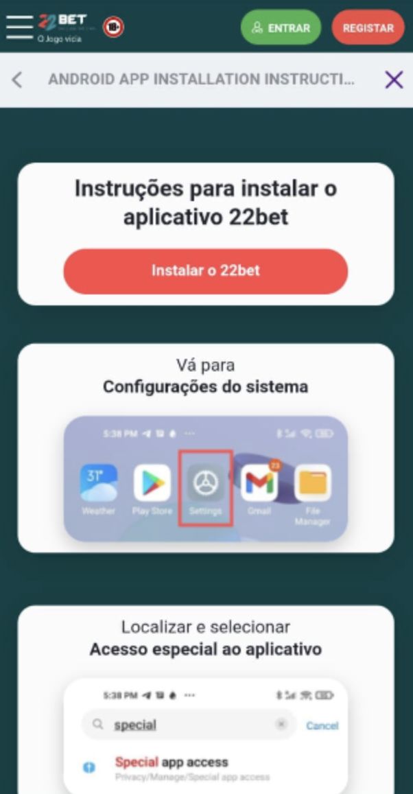 Etapas para descarregar e instalar a aplicação da 22Bet Moçambique para a versão Android