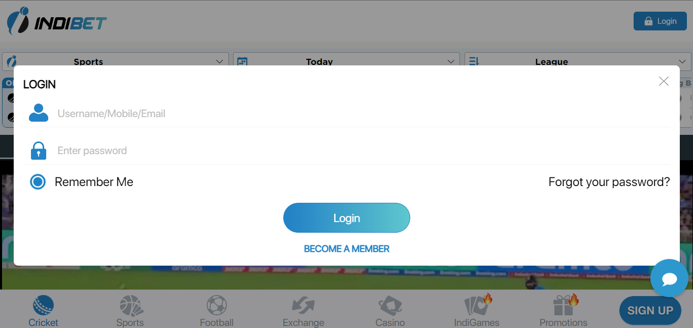 Page for logging into Indibet