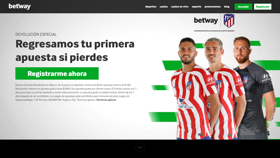 Se muestra la página principal de Betway y su promoción de primera apuesta