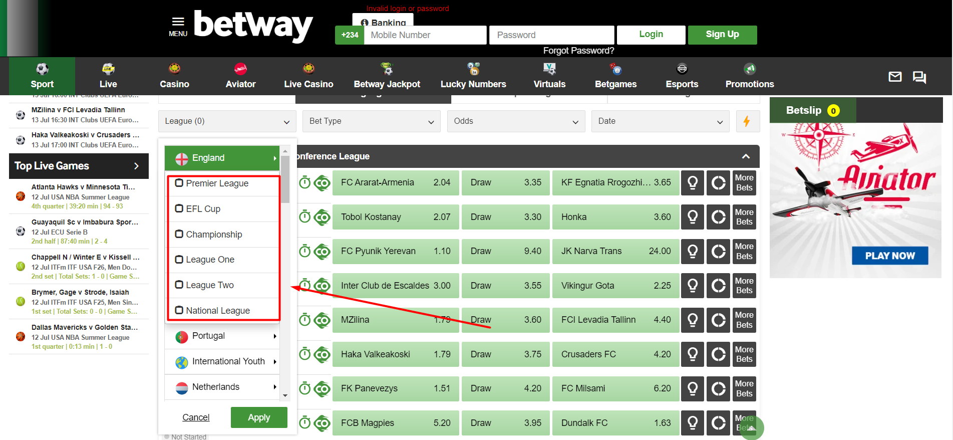 Find league in Betway