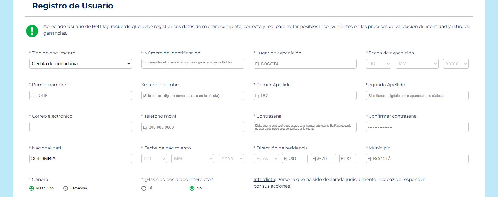 Muestra parte del formulario que deben rellenar los usuarios para registrarse en BetPlay