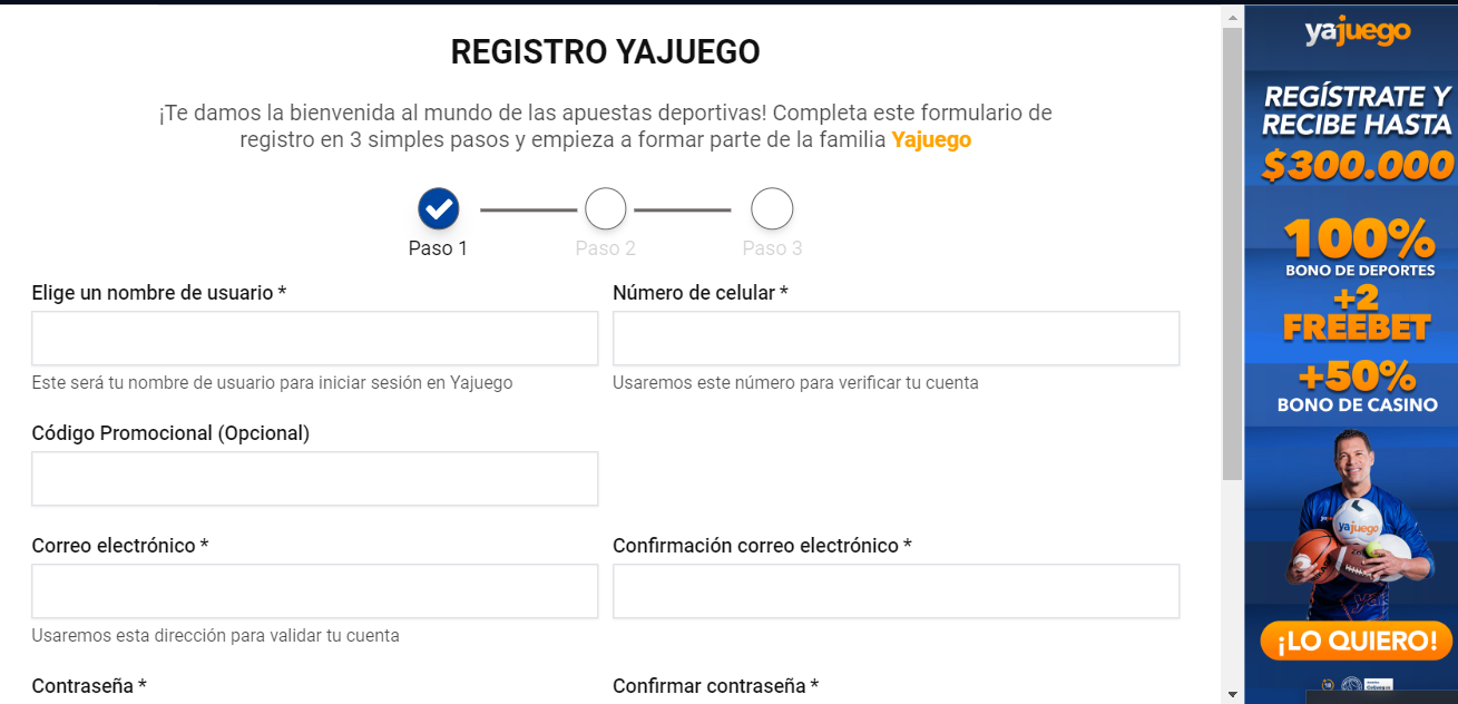 Se muestra la pantalla principal del registro de Yajuego Colombia