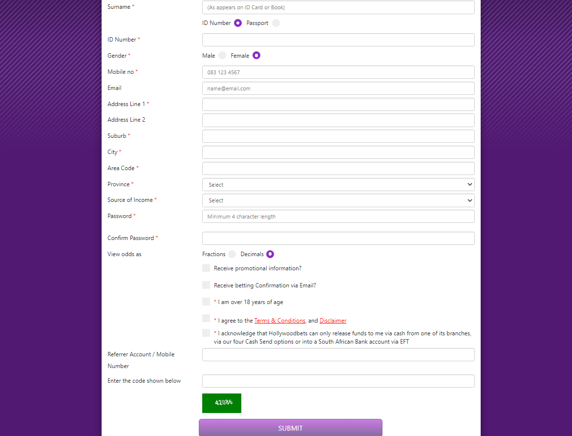 Hollywoodbets Registration Page
