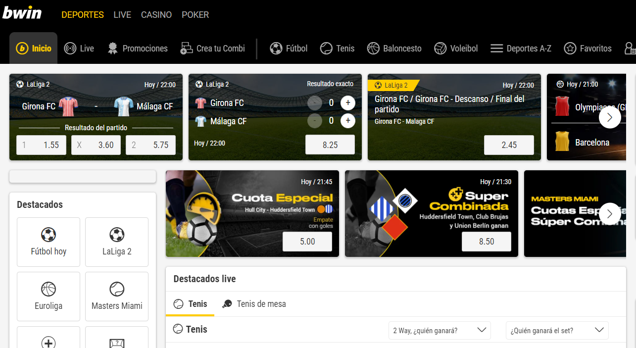 Menú principal de Bwin