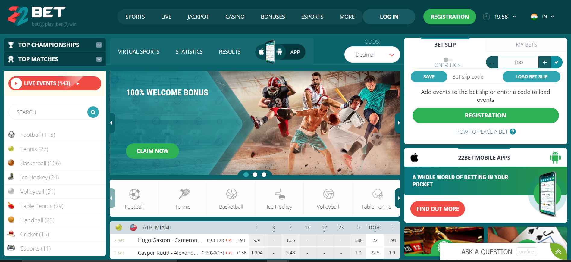 22bet offers lucrative bonuses and betting options to its players starting from its homepage.