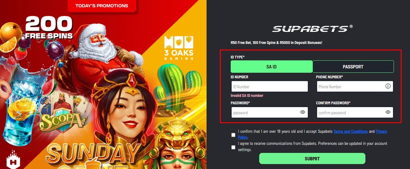 Supabets registration page