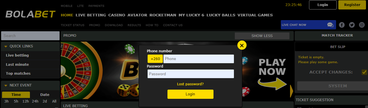 An image of the Bolabet login page