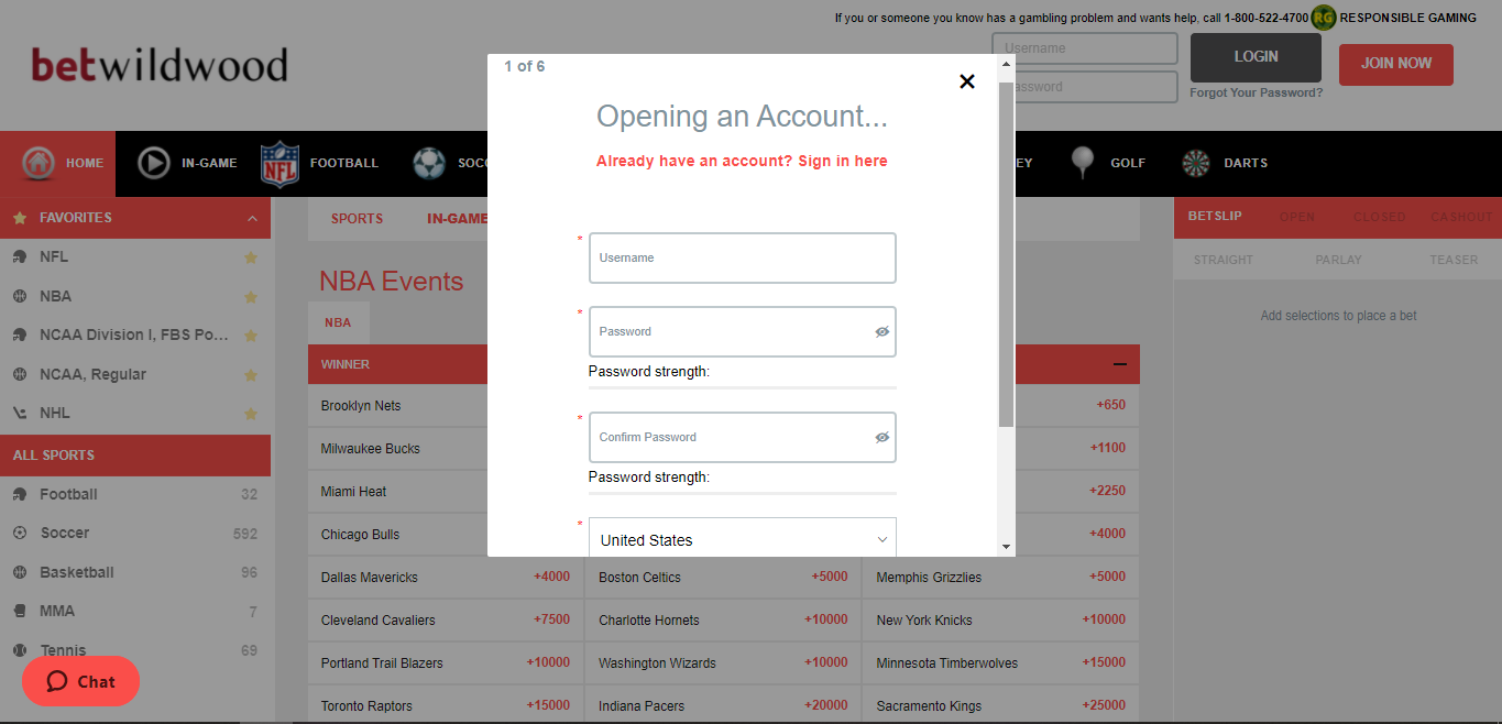 Betwildwood registration pop-up window