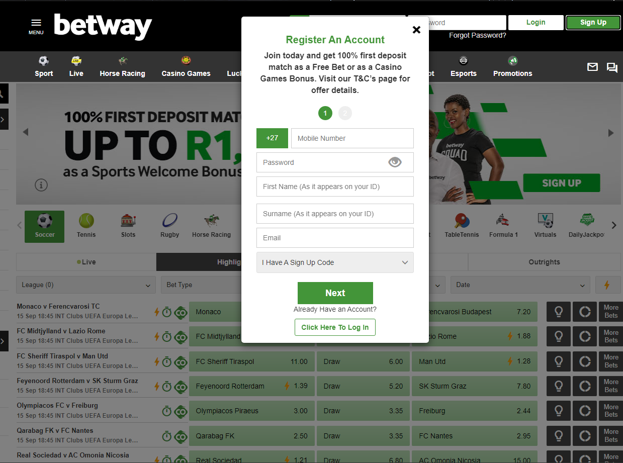 Betway SA Sign-Up Page