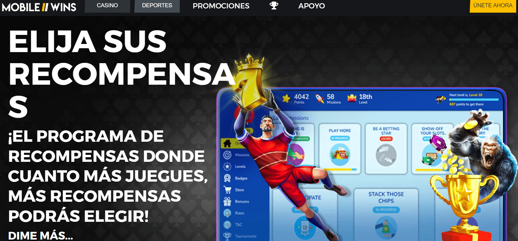 Imagen del sitio web Mobile Wins Perú con sus categorías de deportes, casino, promociones y apoyo o soporte