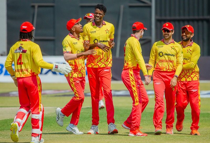 Zimbabwe players celebrate a wicket as they bundle out Sri Lanka for 80 runs on their way to a five-wicket victory in the second T20I of the three-match series at the Harare Sports Club. @ Zimbabwe Cricket Zimbabwe players celebrate a wicket as they bundle out Sri Lanka for 80 runs on their way to a five-wicket victory in the second T20I of the three-match series at the Harare Sports Club. @ Zimbabwe Cricket