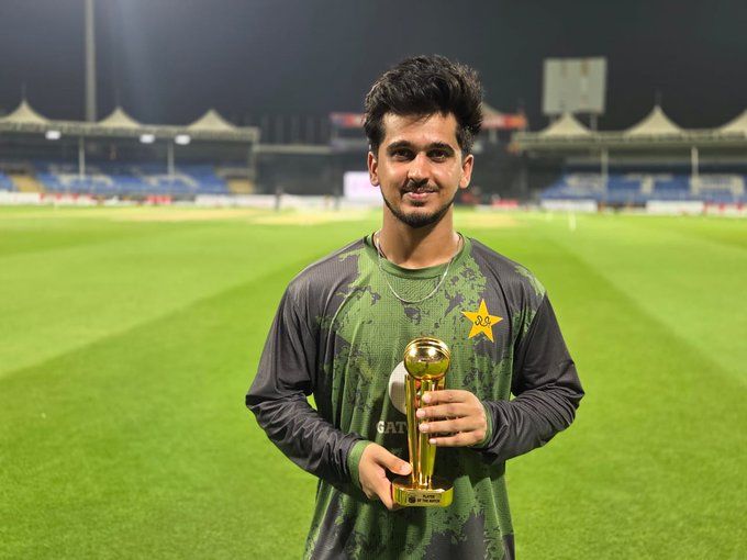Saim Ayub with the Man of the Match award. @Pakistan Cricket/X