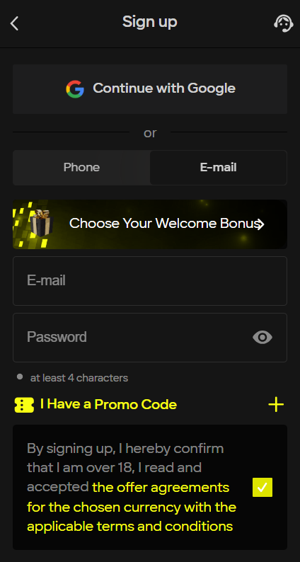 Betting app registration screen