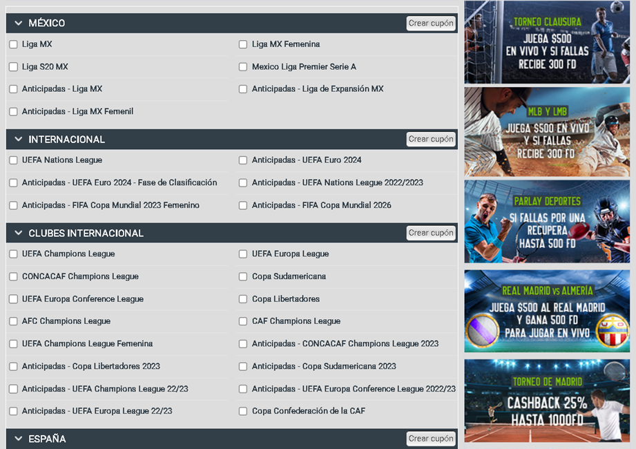 Panel con los eventos deportivos disponibles en Codere para fútbol