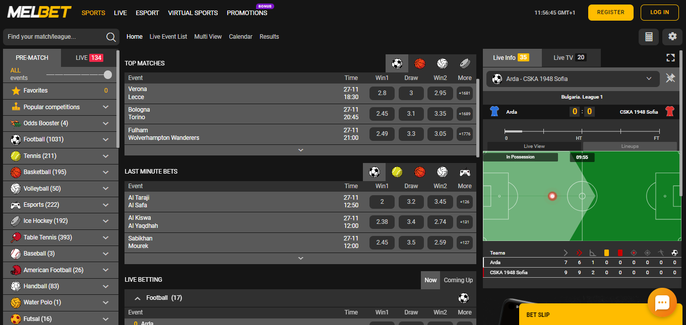 An image of the Melbet Nigeria lines and betting market page